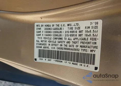 2006 Honda Cr-V Lx from USA, damaged, VIN SHSRD78596U445652